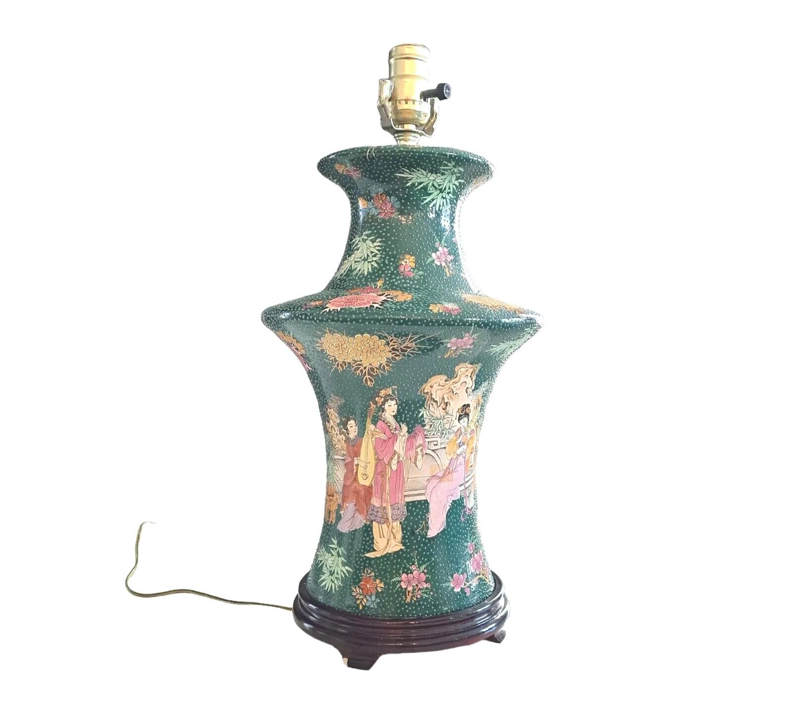 Vintage Asian Hand Painted Girls Musician On A Garden Table Lamp Desk LAMP