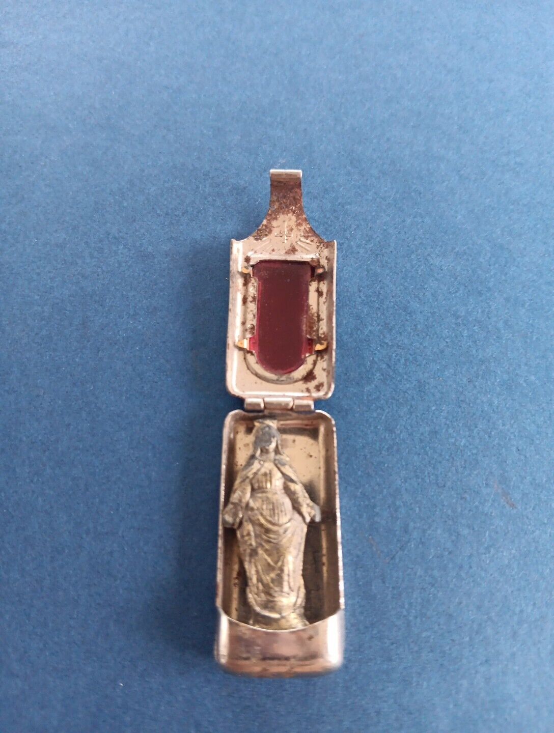 Vintage Pocket Shrine CATHOLIC RELIGIOUS MINI STATUE Metal Holder