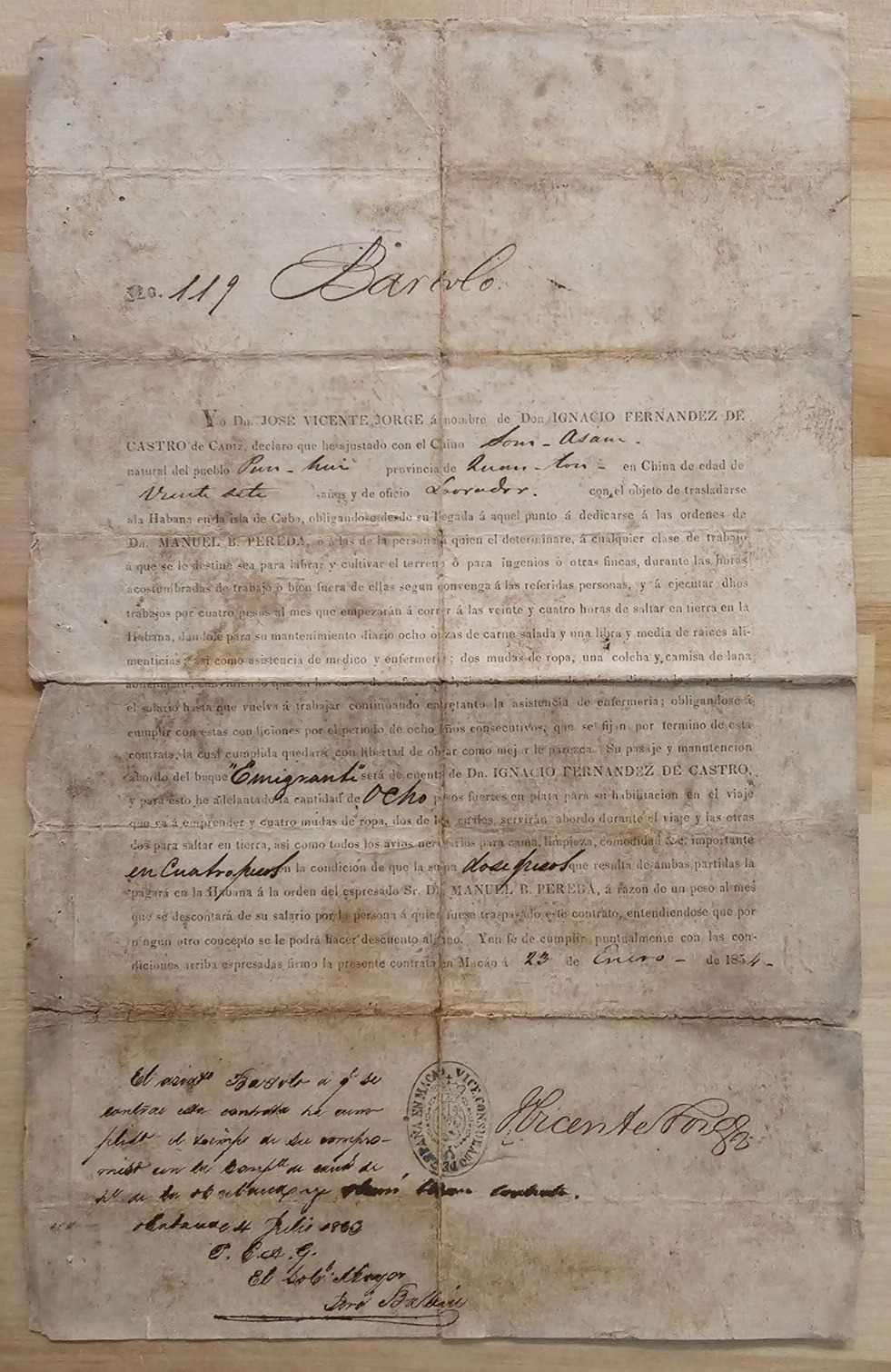 ANTIQUE Cuban Cuba Letter 1854 Slave Chinese Working Contract SIGNED DOCUMENT