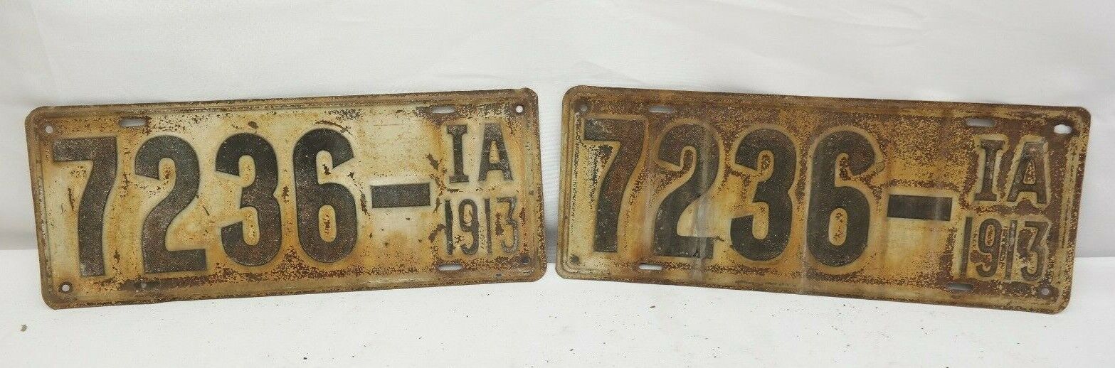 Antique Matched Pair 1913 7236 4 Digit Iowa License Plates  TF23