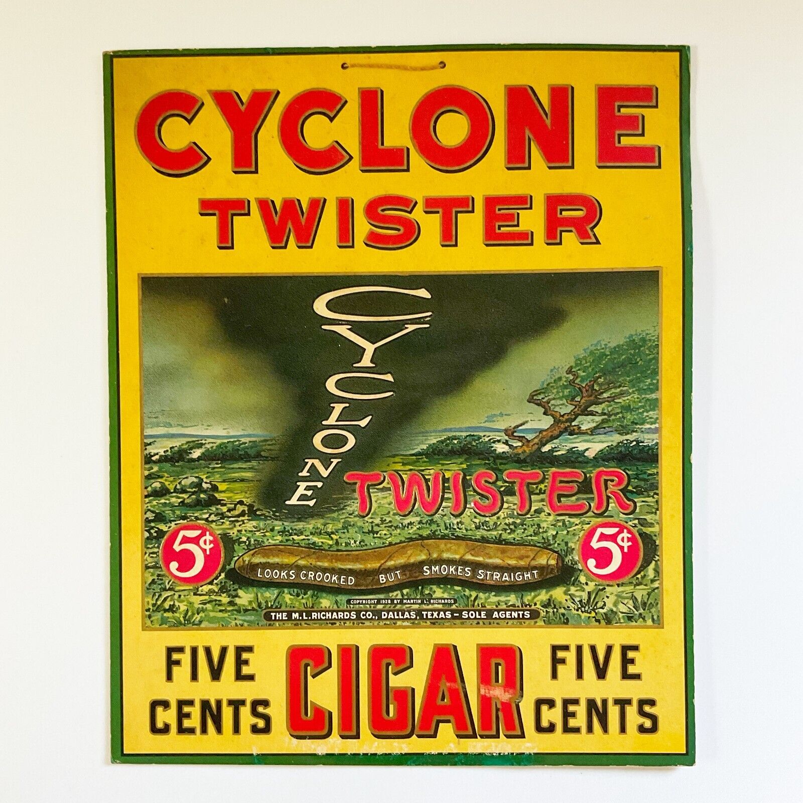 Cyclone Twister Cigar Five Cents Cardboard Sign Original Vintage
