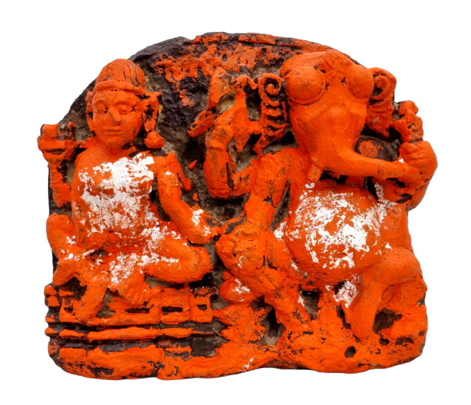 1800s Old Vintage Antique Sand Stone God Ganesh & Goddess Laxmi Statue / Figure