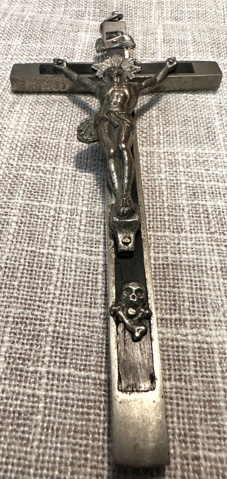 Antique  SKULL & Crossbones CRUCIFIX Rosary Cross; Bronze & Ebony