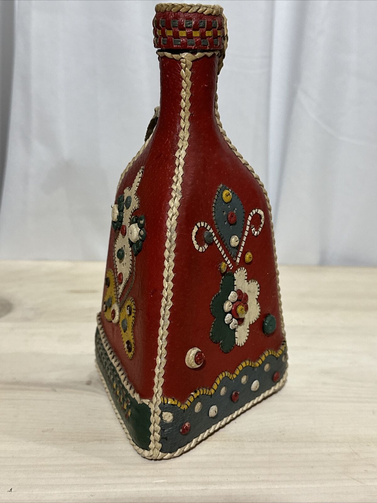 Vintage Leather Floral Red Wrapped Triangular Bottle With Lid  Cork 8”T