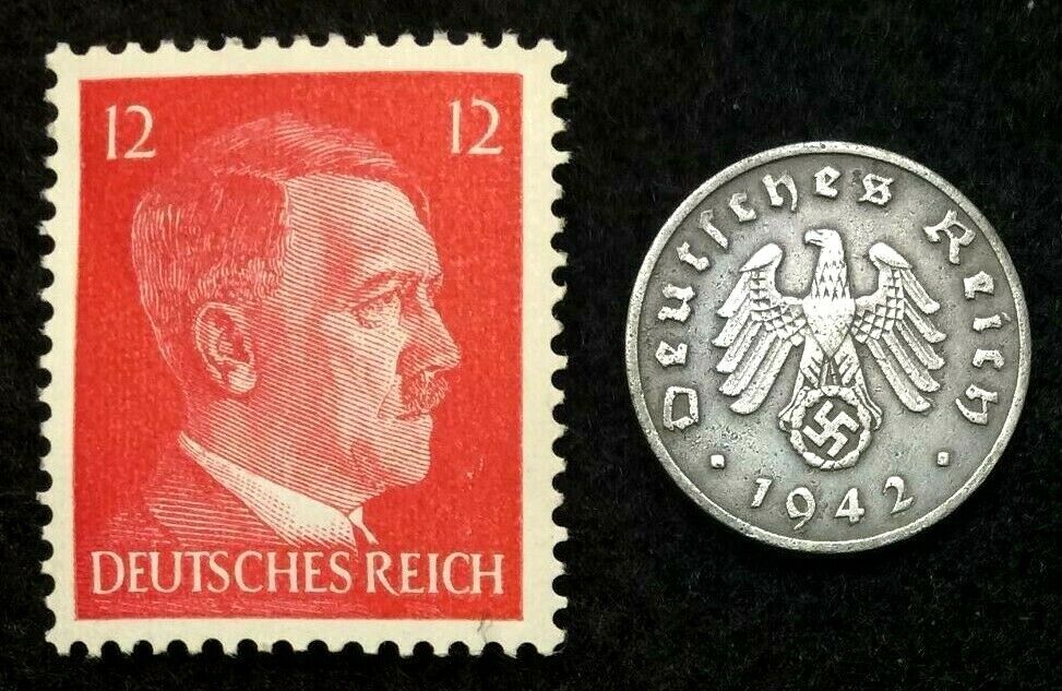 Rare WW2 German 1 Reichspfennig Coin & Unsued Stamp Historical WW2 Artifacts