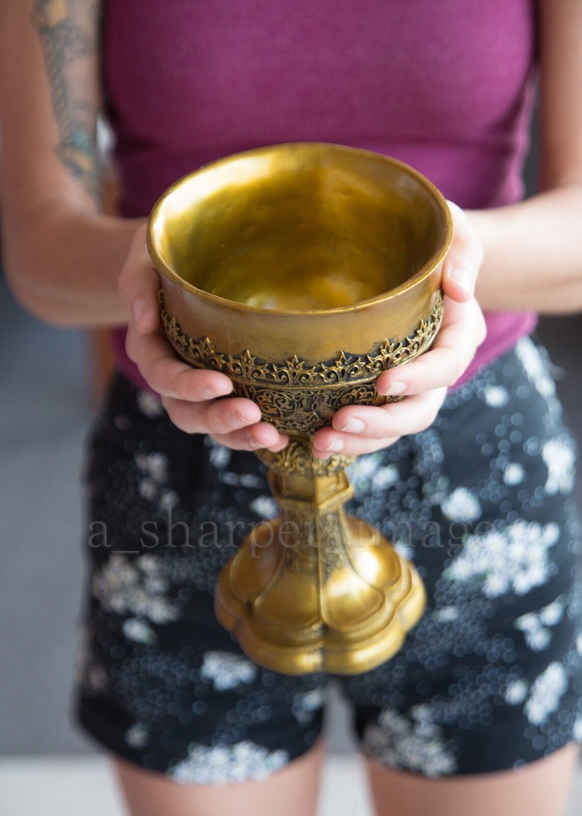 Large Golden Chalice Ritual Goblet Hand-Painted Metallic Finish Excellent Detail