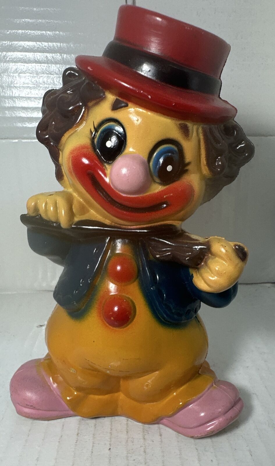 CLOWN VINTAGE PLASTIC TOY COIN BANK WITH STOPPER PLUG MADE IN HONG KONG