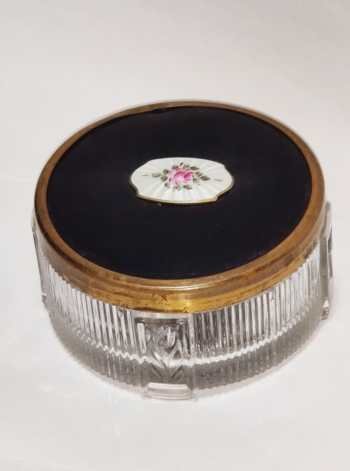Vintage 1940\'s Powder Jar Glass Base With Guilloche Enamel Rose Brass Lid 