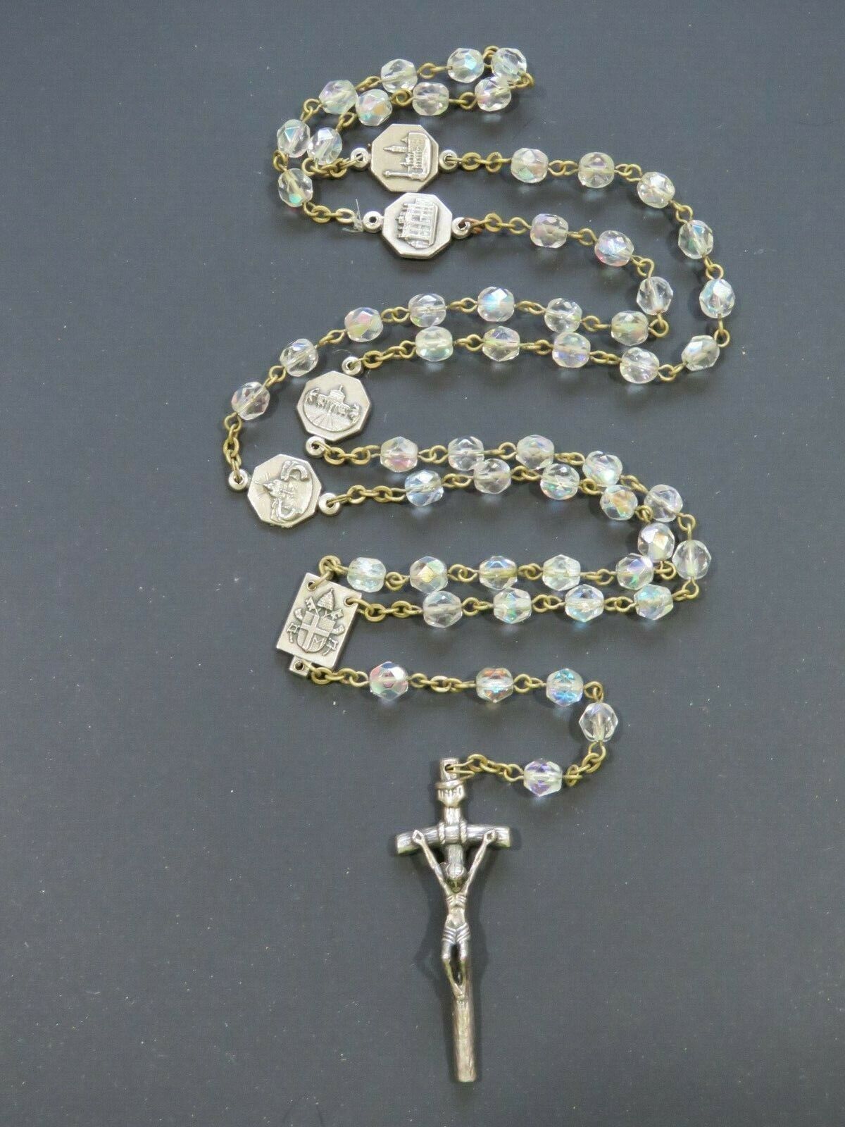 Gorgeous Vintage Catholic Iridescent Crystal 5 Decade Rosary Silver Tone B2996