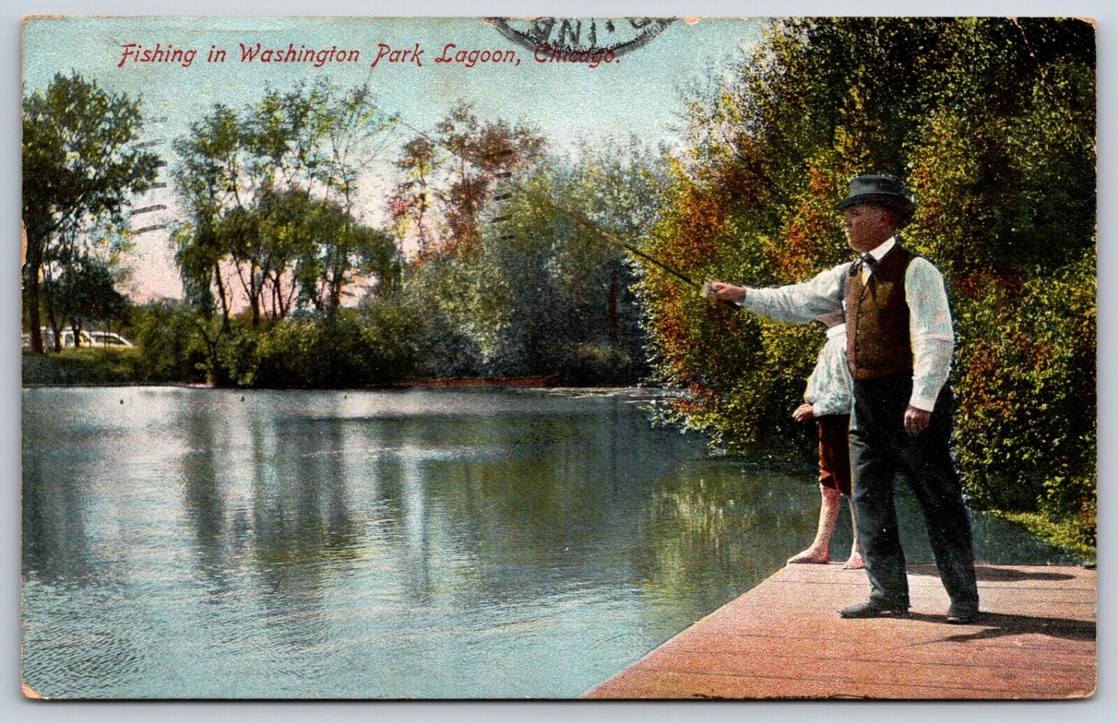 Postcard Fishing In Washington Park Lagoon, People, Chicago Illinois Posted 1908