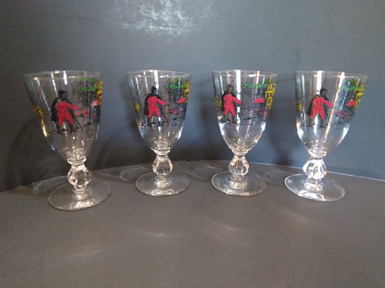 Vintage Sherry/Cordial Footed Glasses Red Green Yellow Design Set of 4