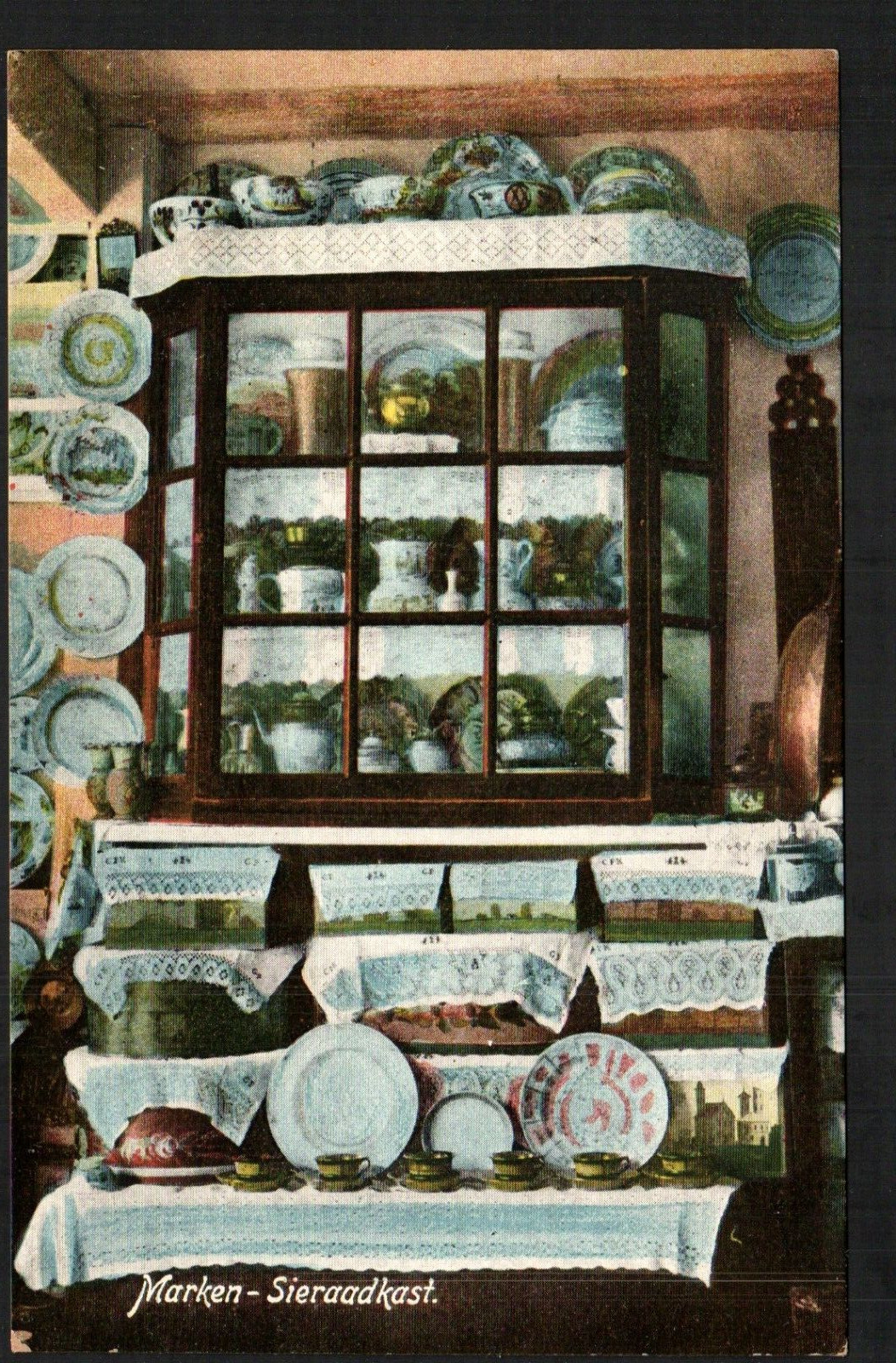 Old Postcard Marken Jewelry Cabinet Dishes China Blue Plates Cups Servings