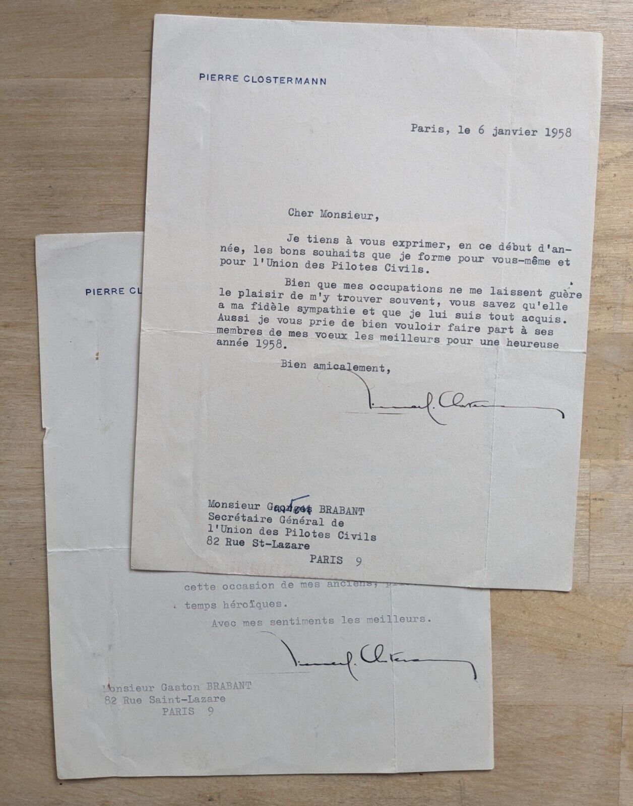 Pierre Clostermann 2 Signed Letters Pilot WW2 Ace 2 Signed Letters Aviation 