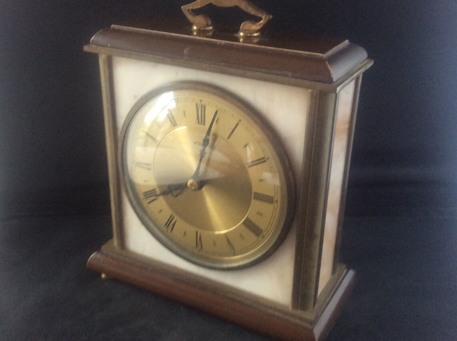 Vintage Working 1960s Metamec Mantle Clock Wood Brass & Onyx Junghans Quartz 