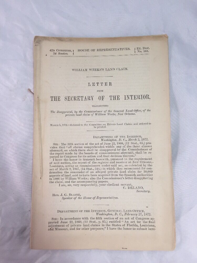 Letter from Secretary of Interior Booket March 1872 Old House of Representatives