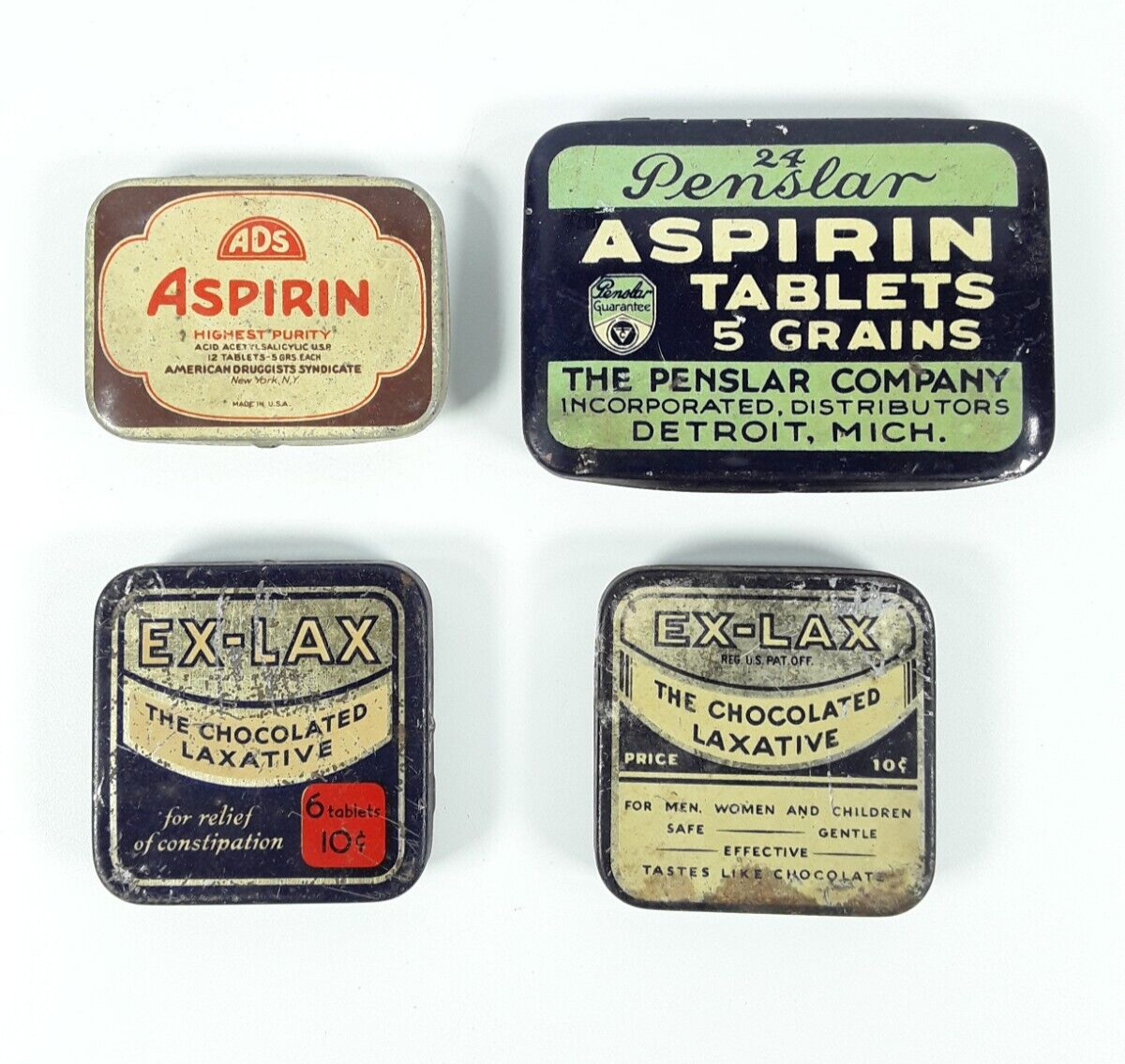 Lot of 4 Vintage Small Empty Ex-Lax & Penslar/ADS Aspirin Metal Tins