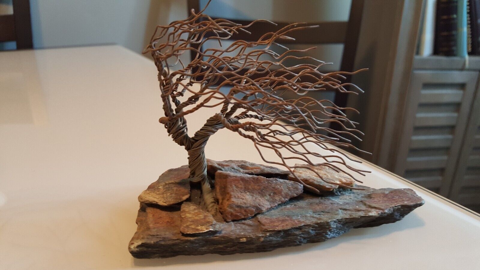 VINTAGE ASIAN WIRE ART BONSAI TREE mounted on stone SCULPTURE signed
