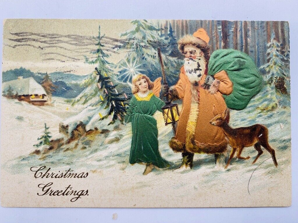 VTG PFB Christmas Postcard Santa Girl Angel Candle Tree Metallic Paul Finkenrath