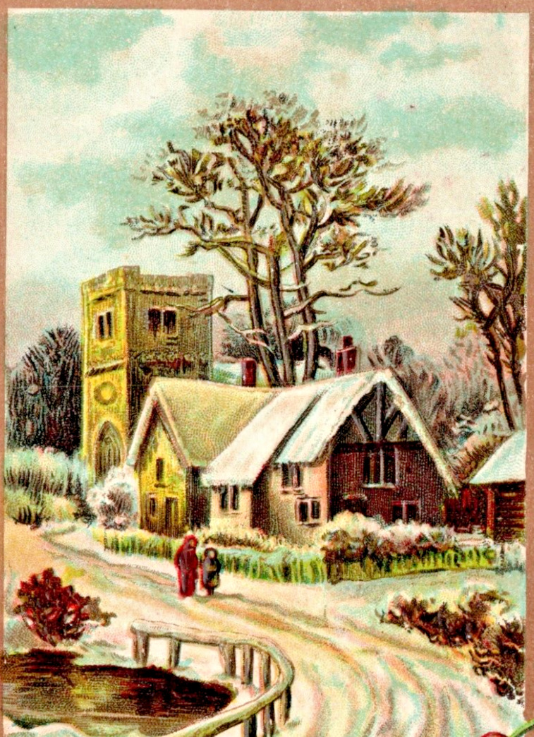 c1910 New Year, snowy village scene, holly, embossed, nice antique card