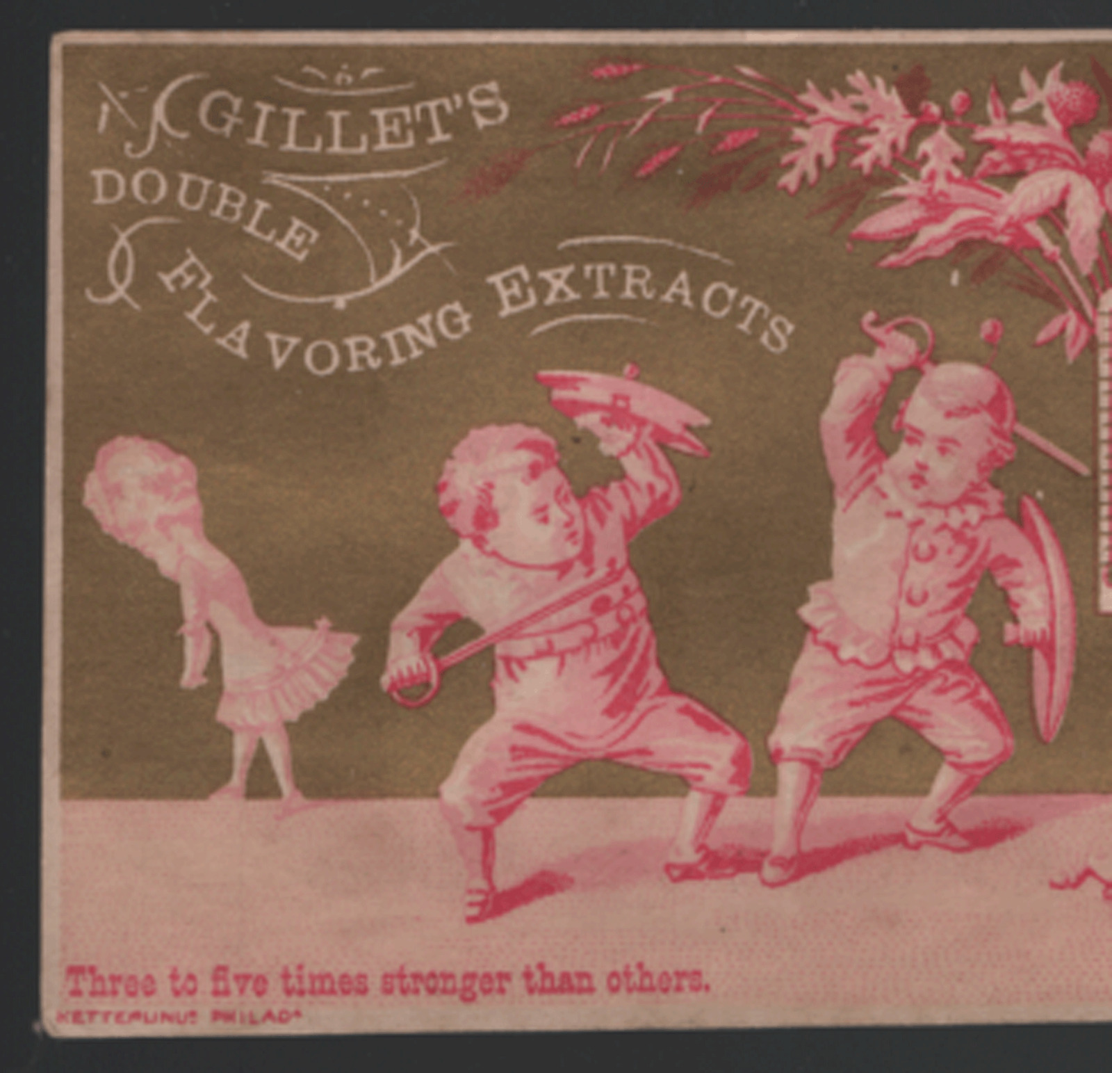 GILLET\'S DOUBLE FLAVORING EXTRACTS TRADE CARD,  SWORD FIGHT OVER A LADY  V243