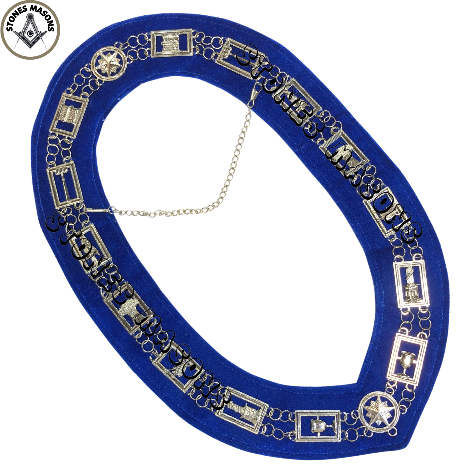 Blue Lodge Masonic Chain Collar Silver Tone Blue Velvet Backing Fine Quality