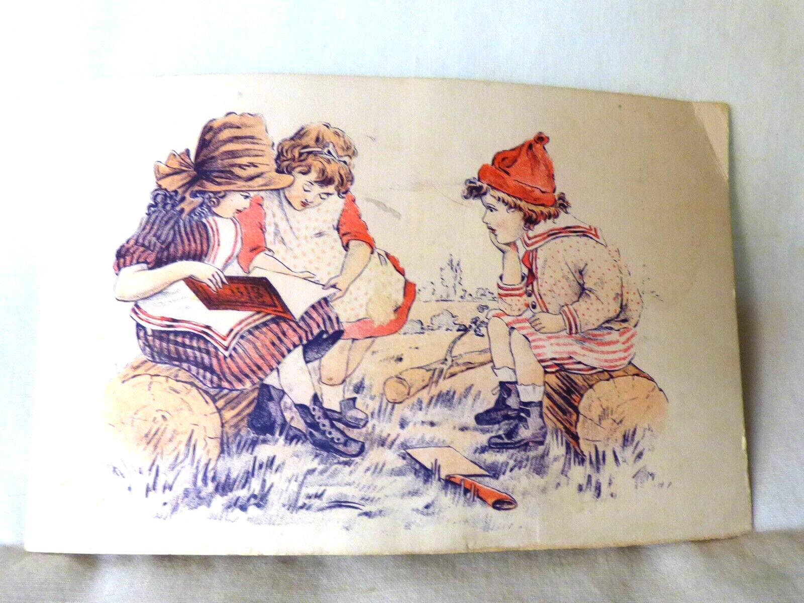 1880s Blank Trade Card 3 Children Book Reading Chopping Wood Hatchet Purple Red