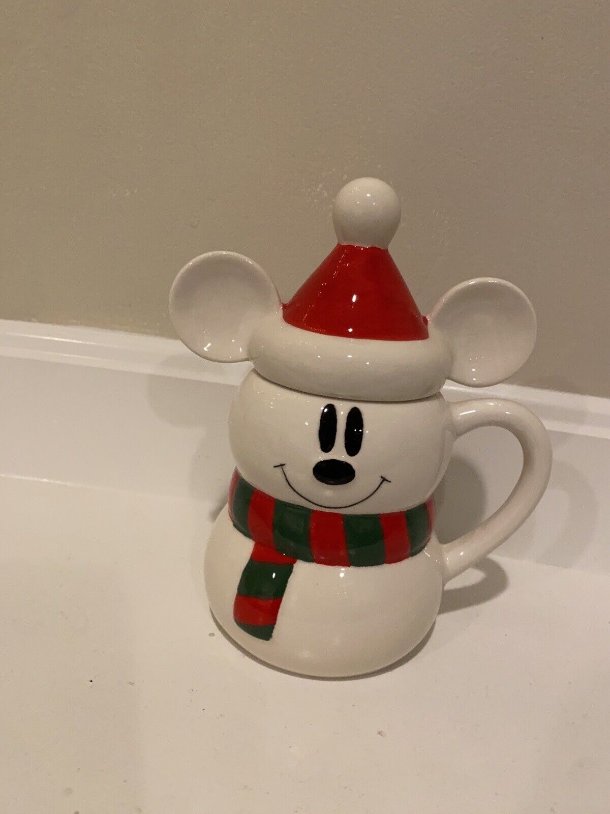 DISNEY Mickey Mouse Snowman Mug W/ Santa Hat Topper Winter Holiday Christmas HTF