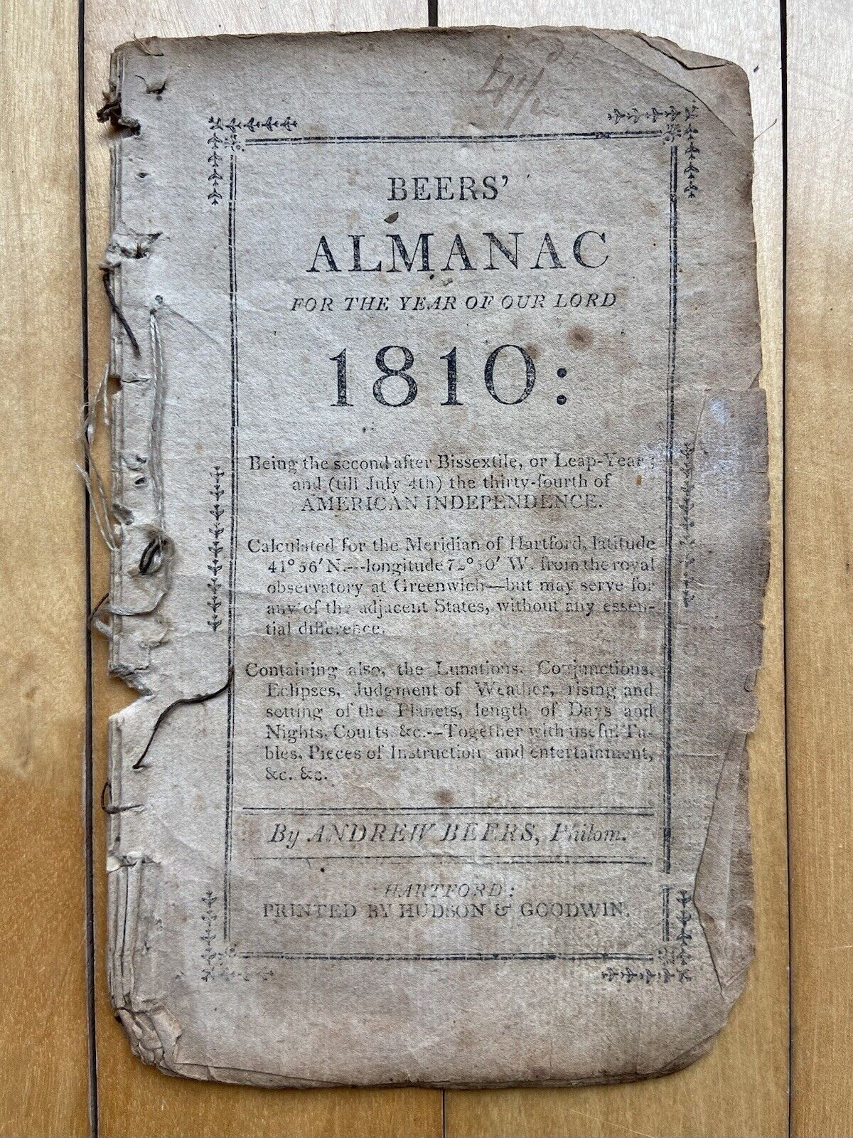 1810 Andrew Beers’ Almanack / Rare New England Almanack / Original Almanac