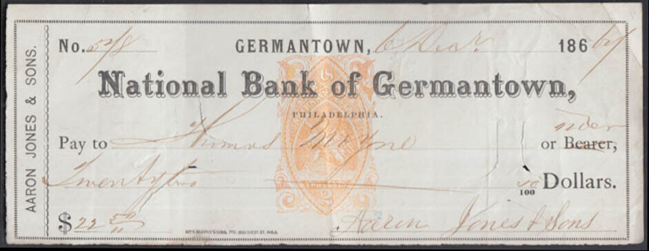 National Bank of Germantown PA cancelled check 1867 preprinted 2¢ IRS stamp