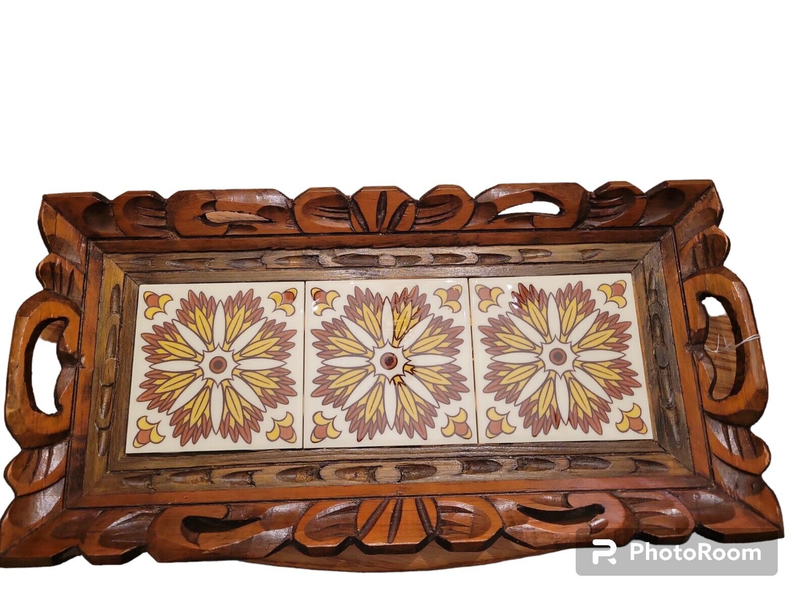Vtg Mid Century Hand-Carved Wood Serving Tray Ceramic Tiles Earth tones18x9