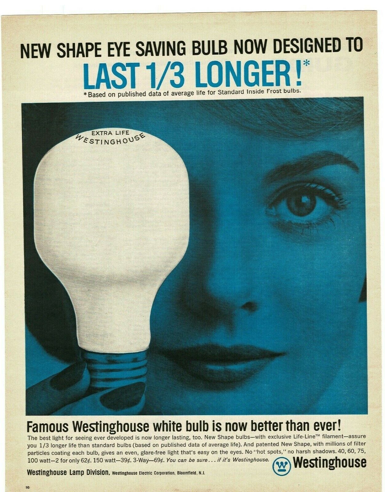 1962 WESTINGHOUSE Extra Life Light Bulb blue illustration Vintage Print Ad