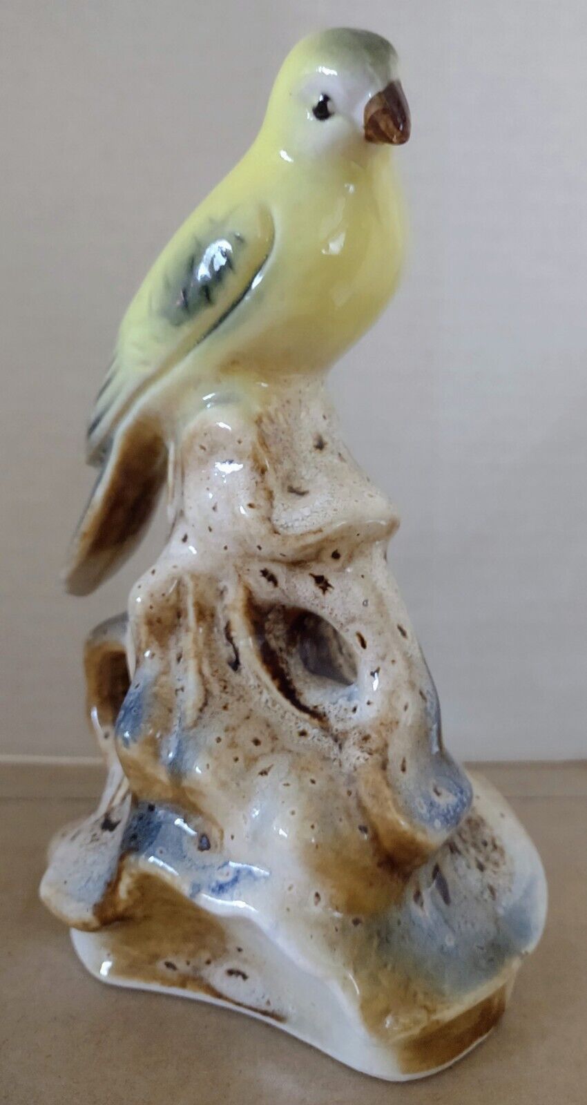 Vintage Perched Bird Canary Hand Painted Drip Glazed Ceramic Mid Century 7”