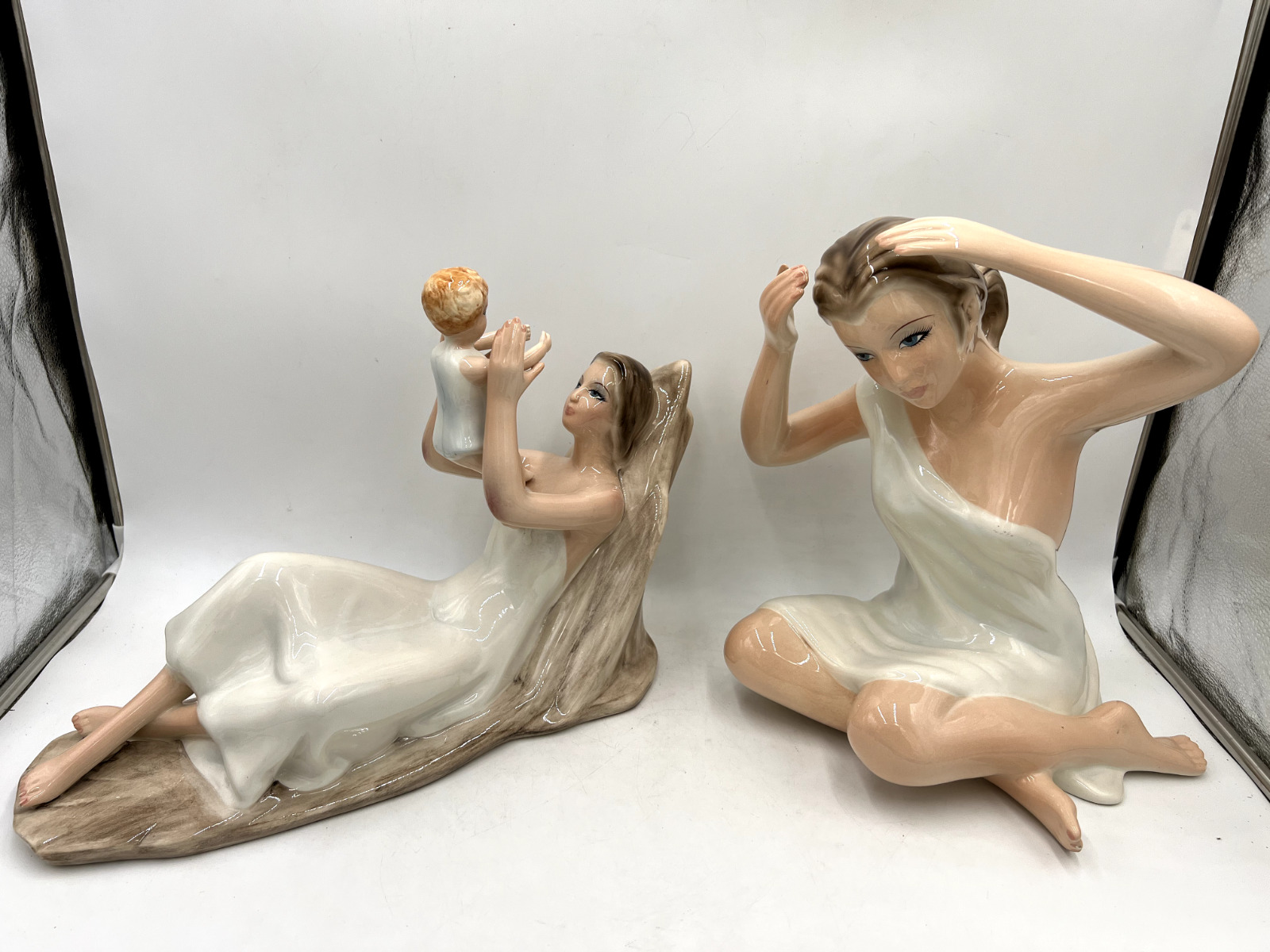 VTG 1961 & 1965 Mother w/ Son & Woman Ceramic Statues by Favaro Cecchetto Italy