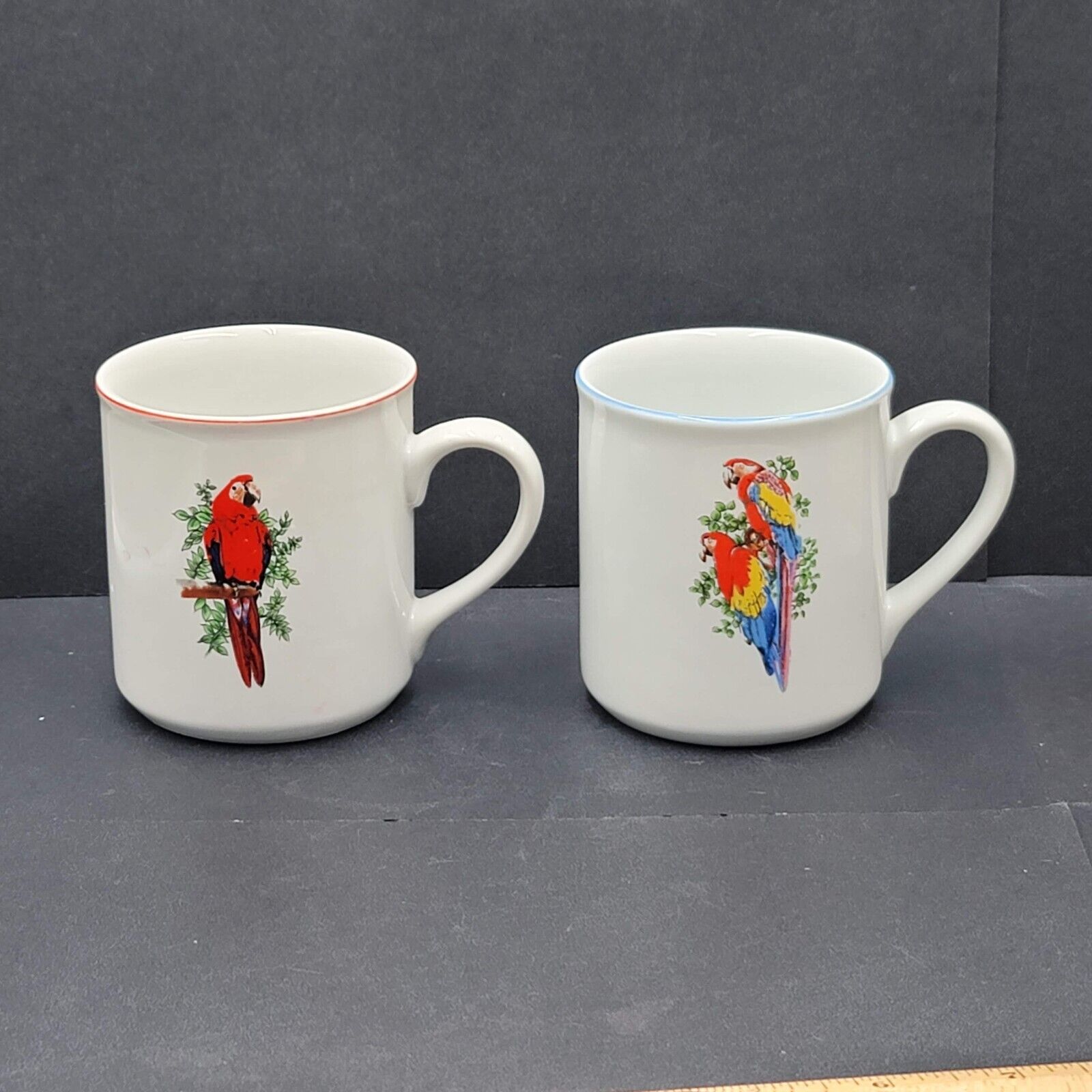 Vintage Leart Tropical Birds Coffee Mug Tea Cup Parrots Brazilian China Set of 2