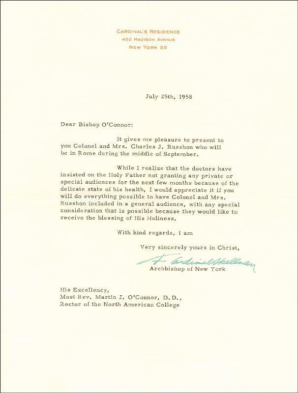 FRANCIS CARDINAL SPELLMAN - TYPED LETTER SIGNED 07/25/1958
