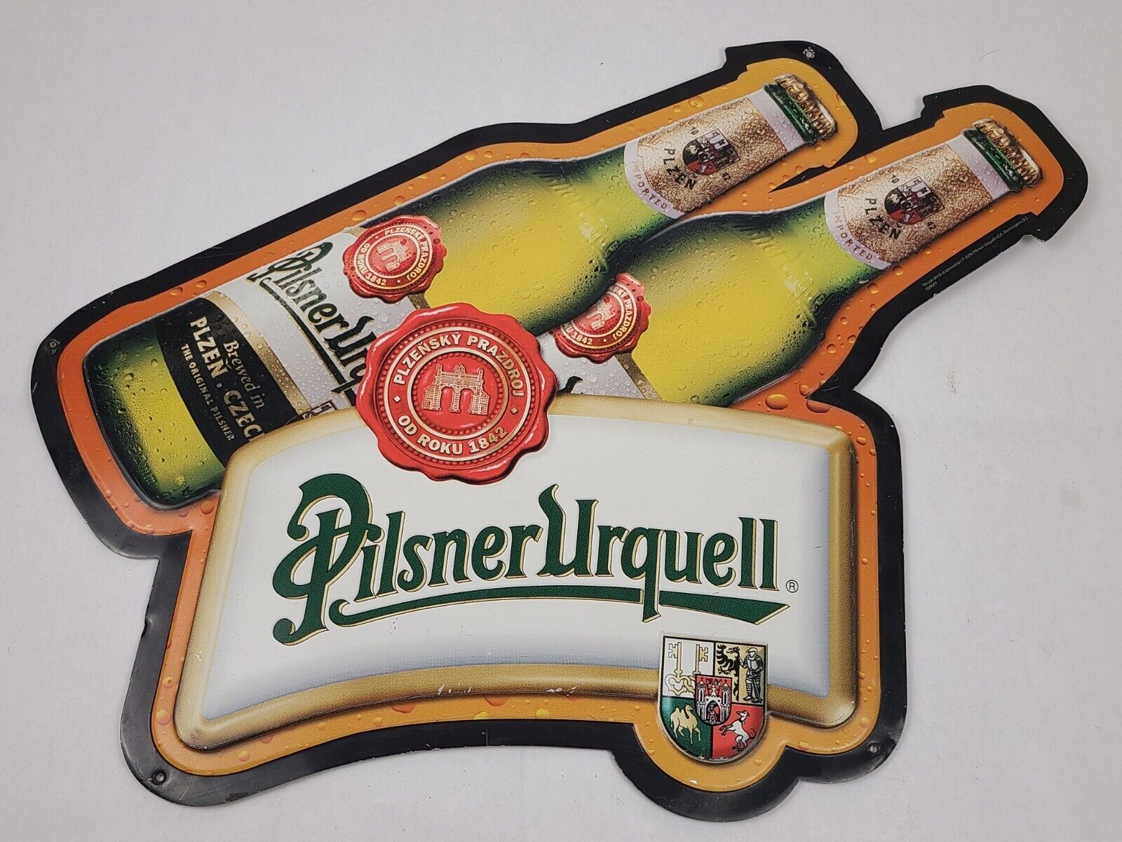 Vtg Pilsner Urquell Bottle Tin Tacker Metal Beer Sign 2004 Bar Pub Mancave Decor