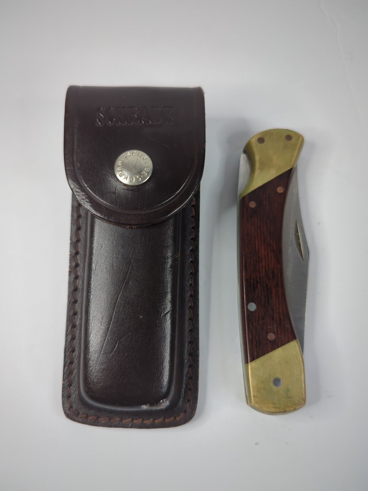 Schrade + LB7 Lock-Back Pocketknife With Dark Brown Leather Sheath USA Vintage