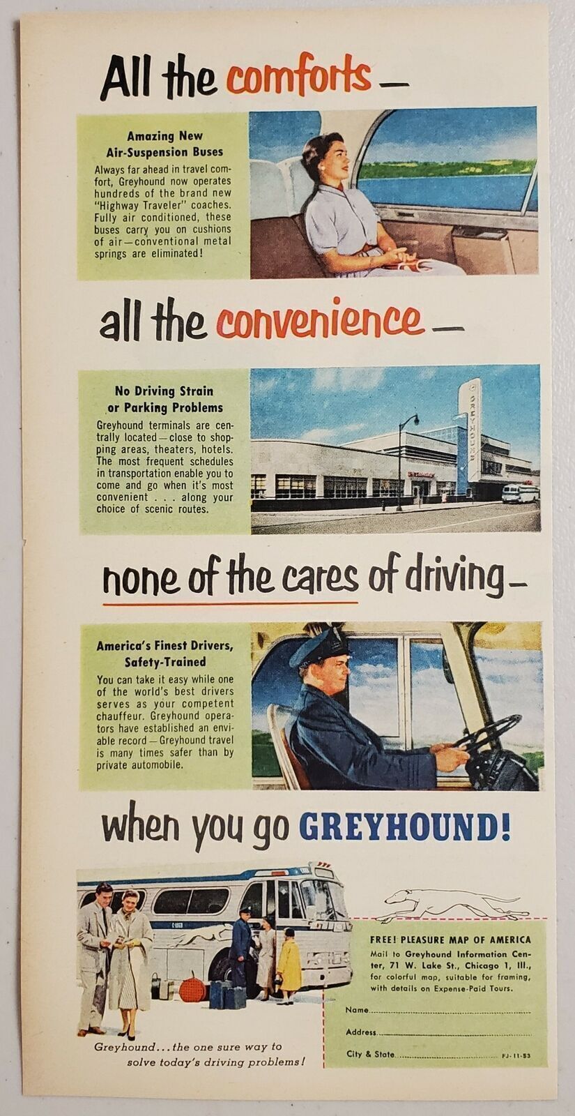 1953 Print Ad Greyhound Bus Comforts Driver Chicago,Illinois