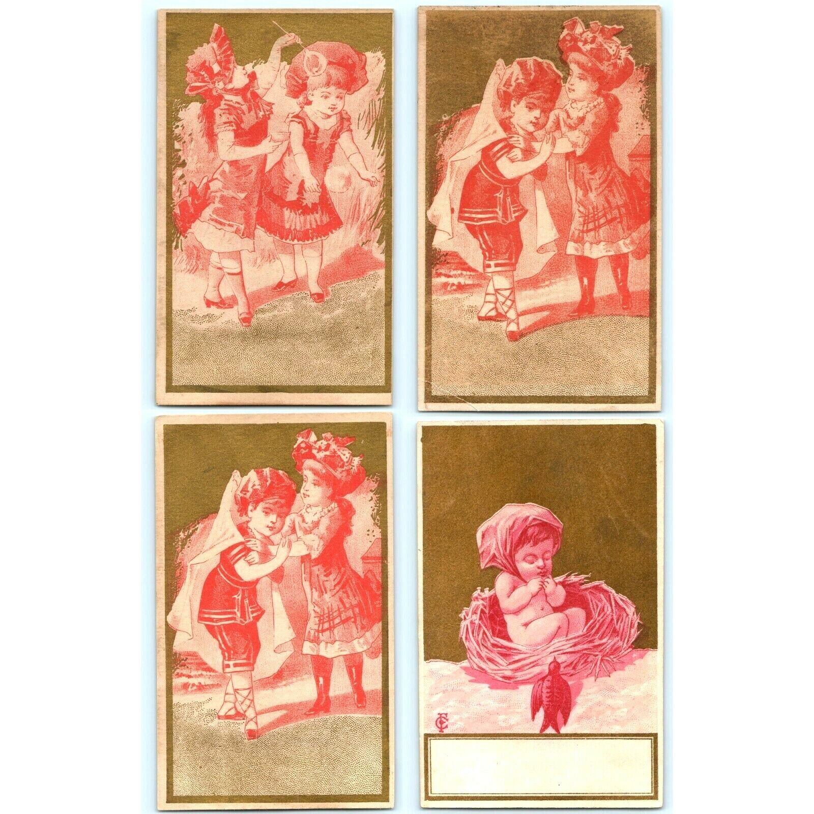 c1880s Gold Red Victorian Children Girls Baby Nest Stock Trade Card LOT of 4 C13