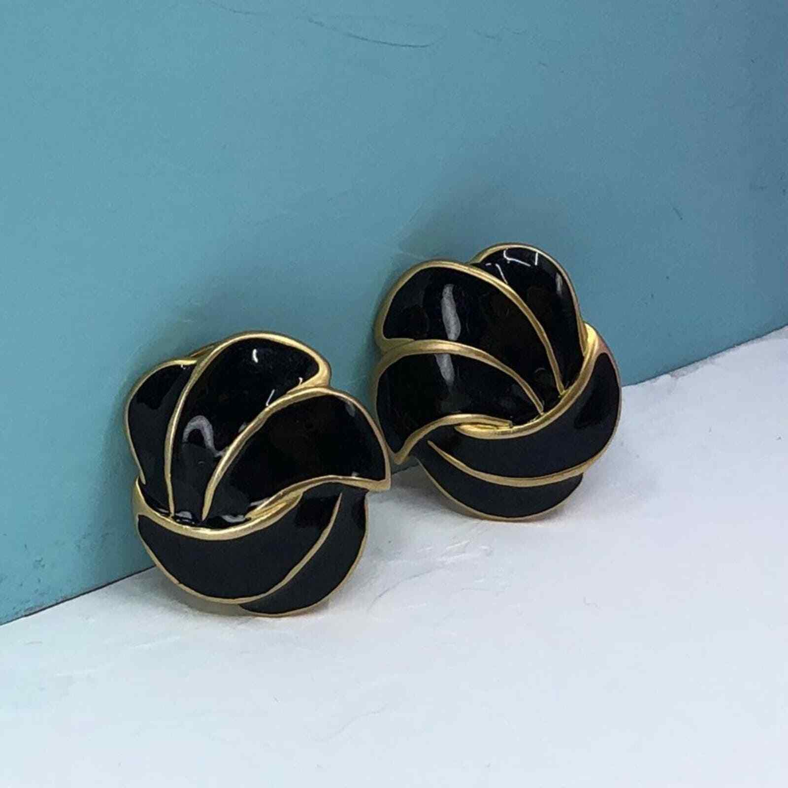 Vintage / Retro Black Enamel and Gold Metal Clip On Earrings - Woven Shape