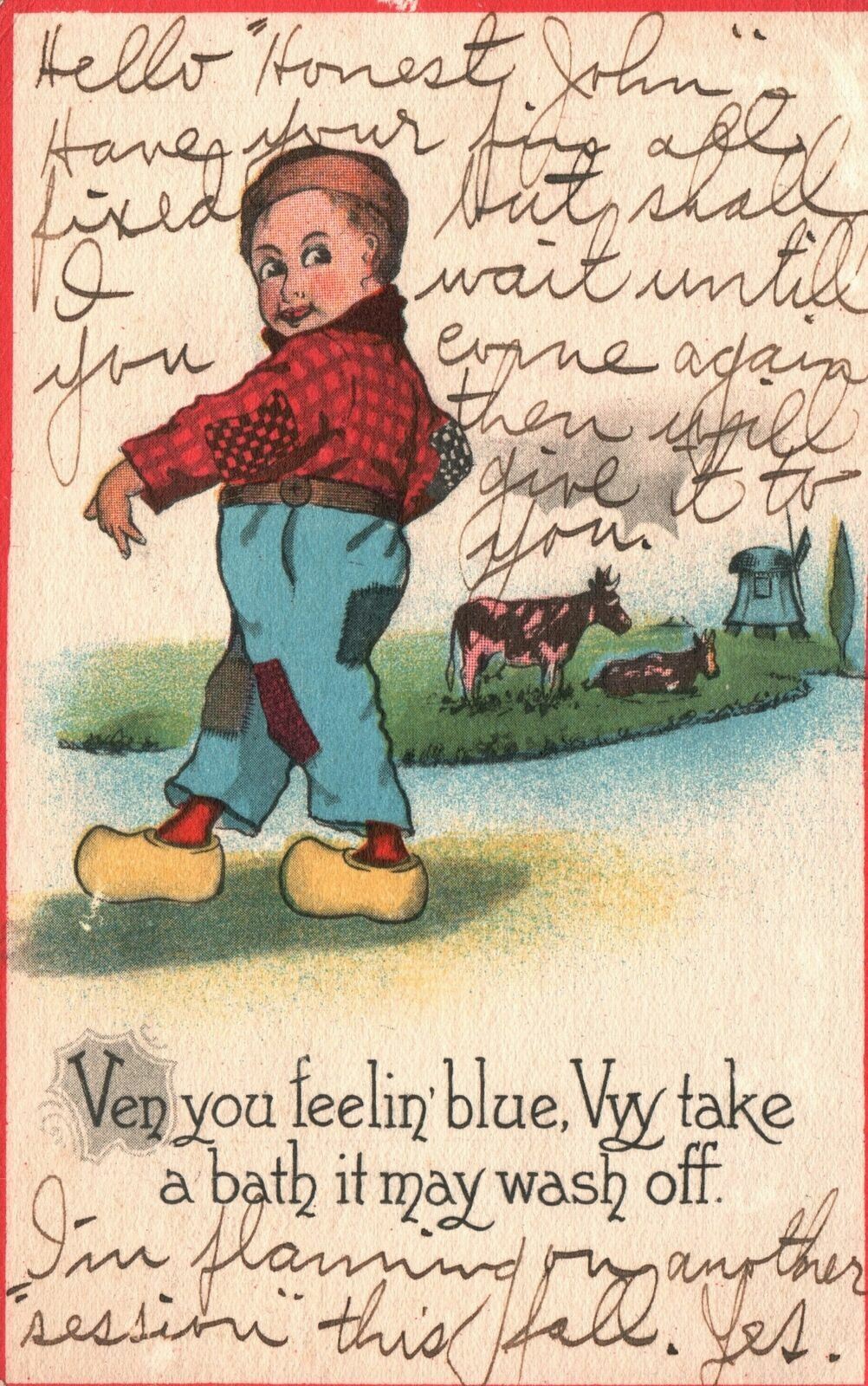 Vintage Postcard 1913 When You Feelin Blue Why Take A Bath It May Wash Off Comic