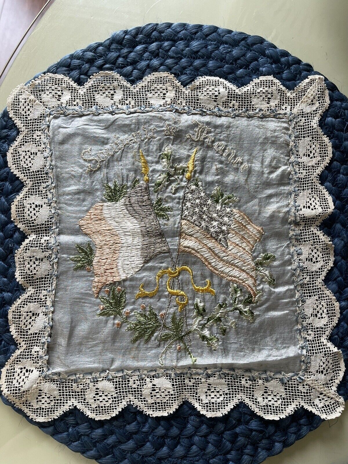 WWI Embroidered Silk Handkerchief with Lace \