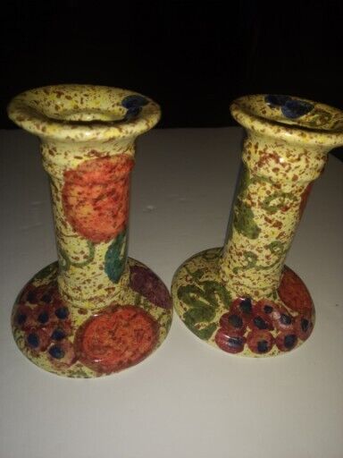 Vintage Pair Of Pier 1 Candle Sticks Abstract Fruit 