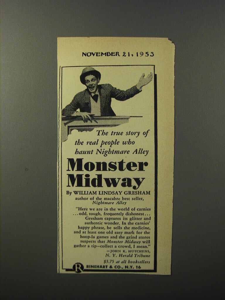 1953 Rinehart Book Ad - Monster Midway by William Lindsay Gresham