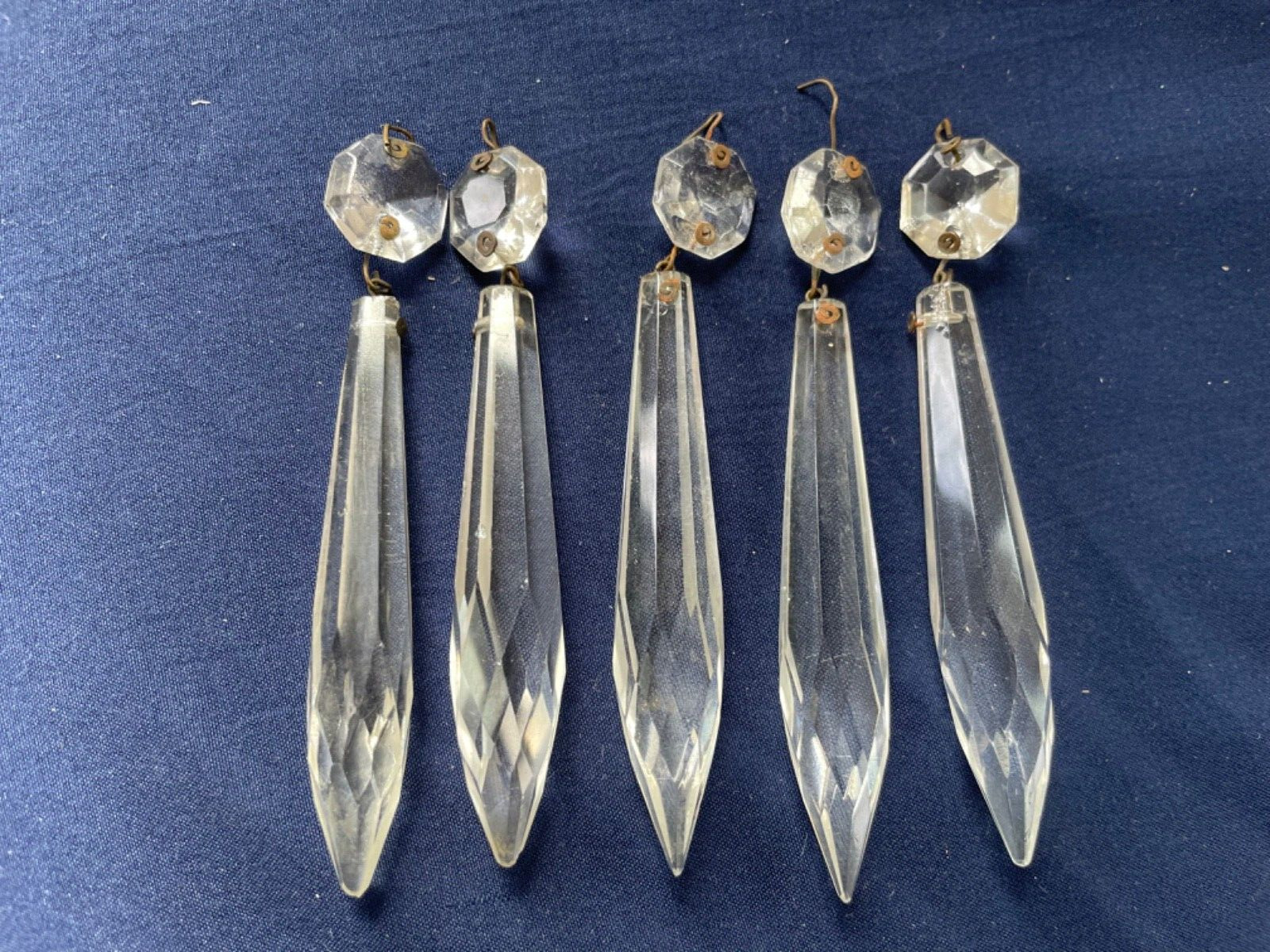 Lot Of 5 Antique Mid 1800s U Drop Brass Pins Crystal Glass Chandelier Prisms