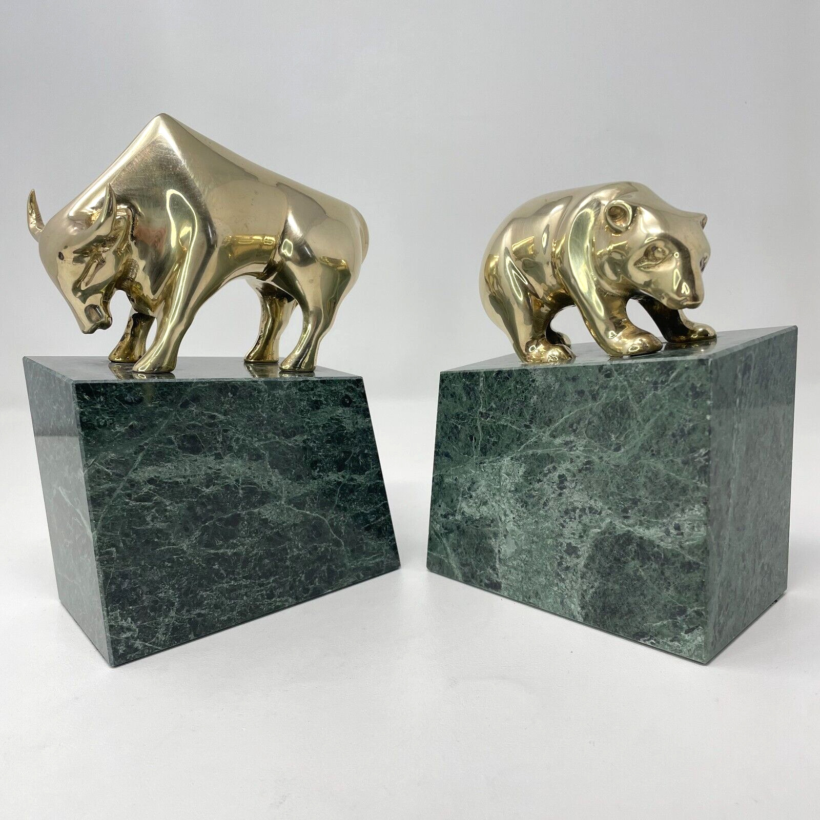 Stock market Bookends Vintage Gatco Bear and Bull Wall Street Brass and Marble