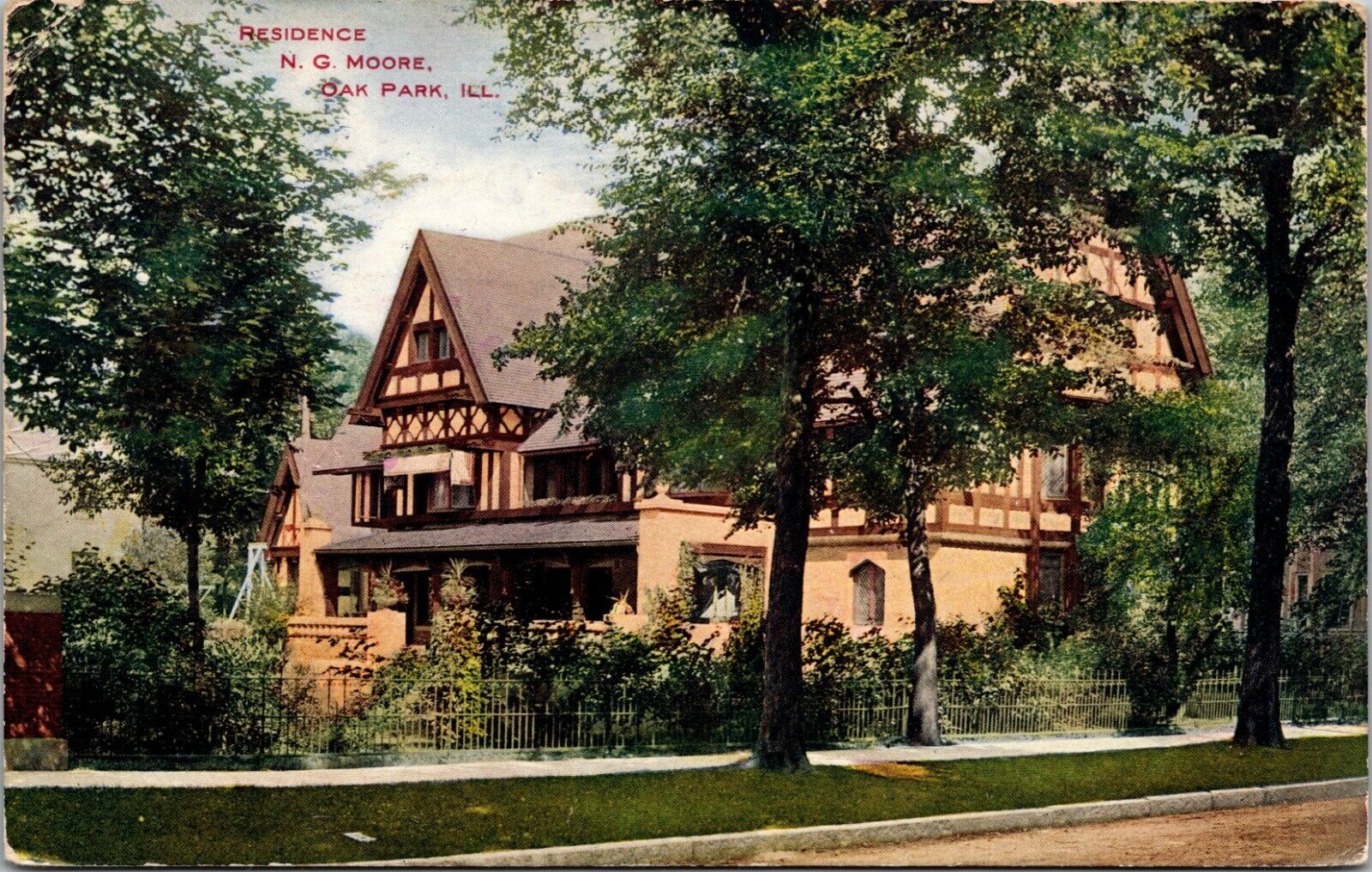 Vintage 1910's Colorized Photo Postcard Residence N.G. Moore Oak Park Illinois