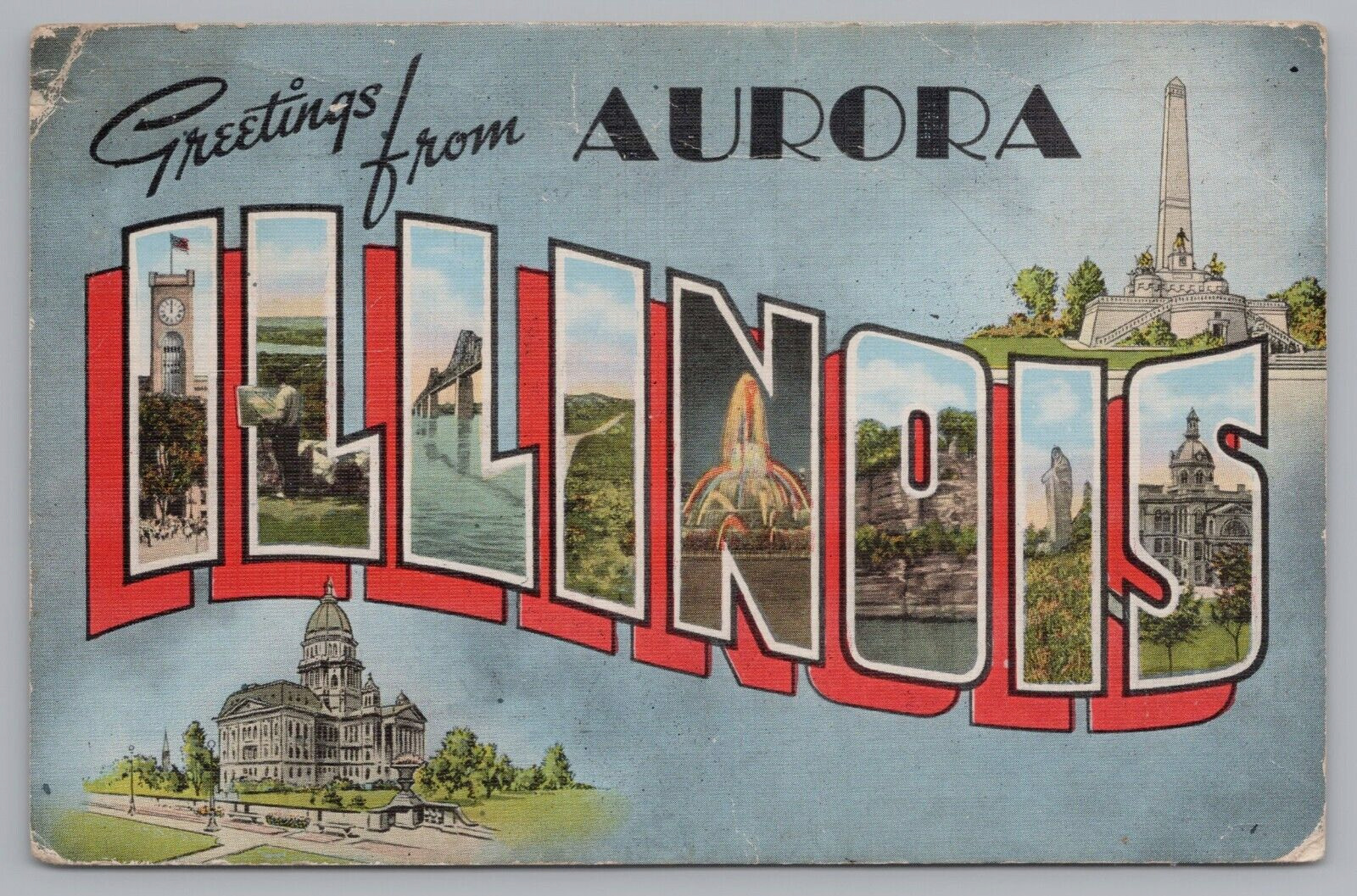 Postcard Large Letter Greetings From Aurora Illinois Multiview Posted 1943 Linen
