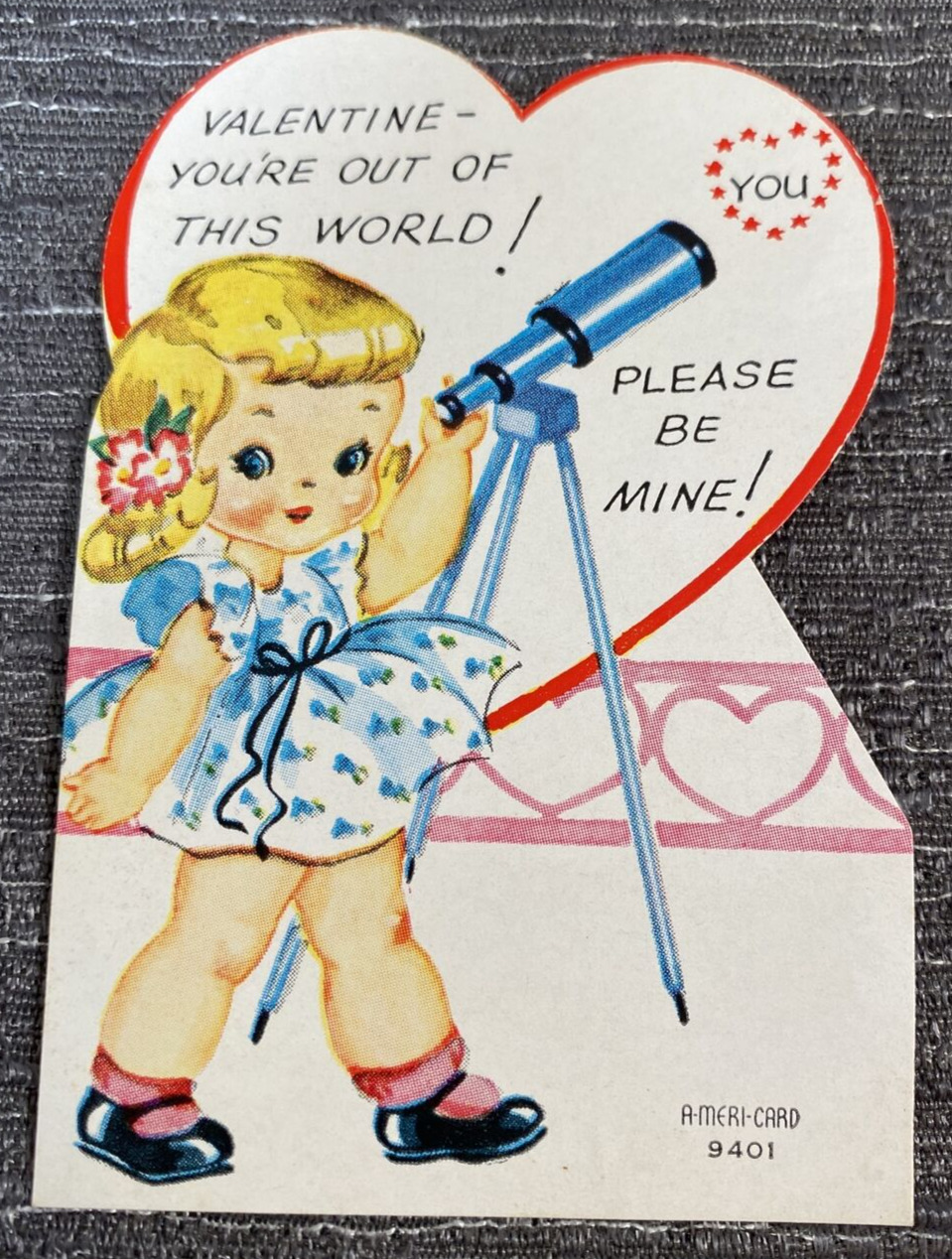 Vintage Valentine Card Americard Girl Telescope Youre Out Of This World