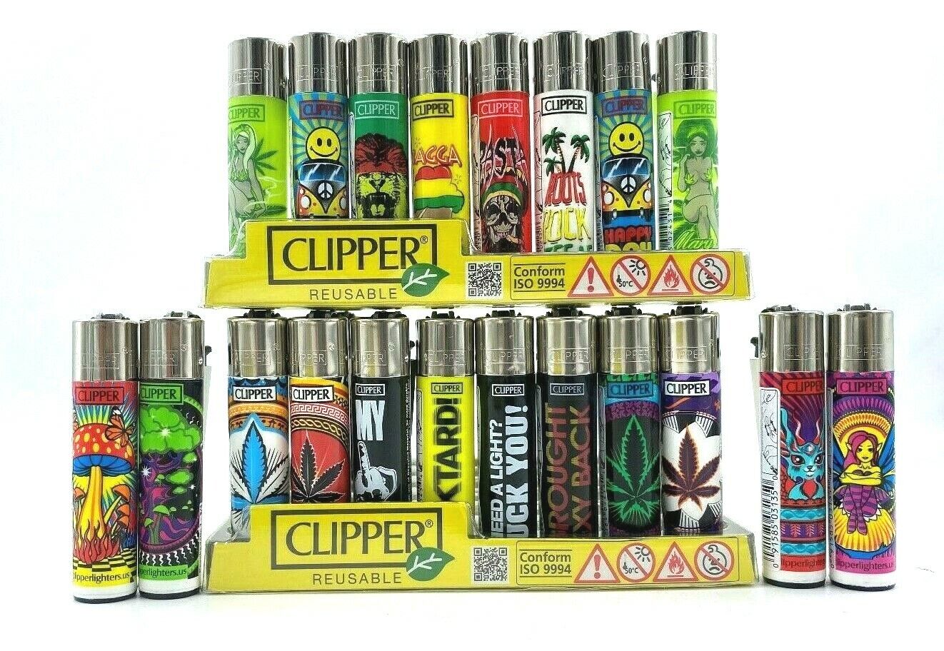 16 Pieces Big Size Clipper Flint Lighters Assorted Color Design Made in Spain 
